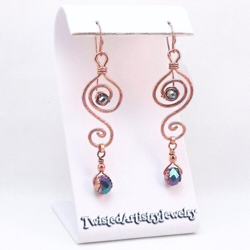 Hammered Copper Double Swirls with Rainbow Crystals Earrings
